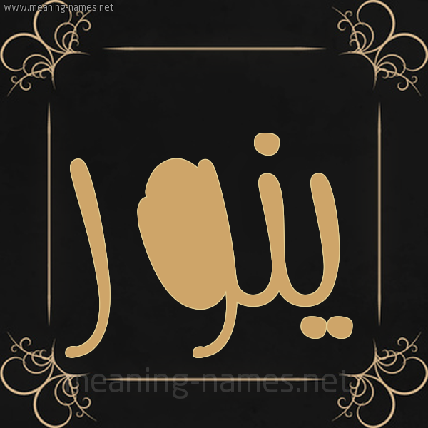 شكل 14 الإسم على خلفية سوداء واطار برواز ذهبي  صورة اسم ينور Nour